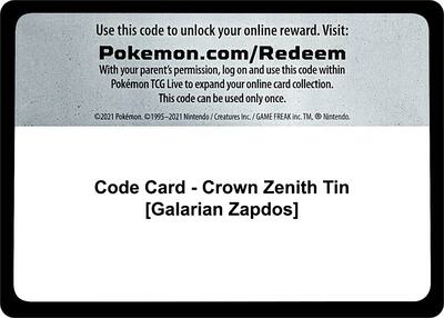 Code Card - Crown Zenith Tin [Galarian Zapdos]