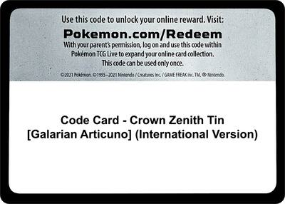 Code Card - Crown Zenith Tin [Galarian Articuno] (International Version)